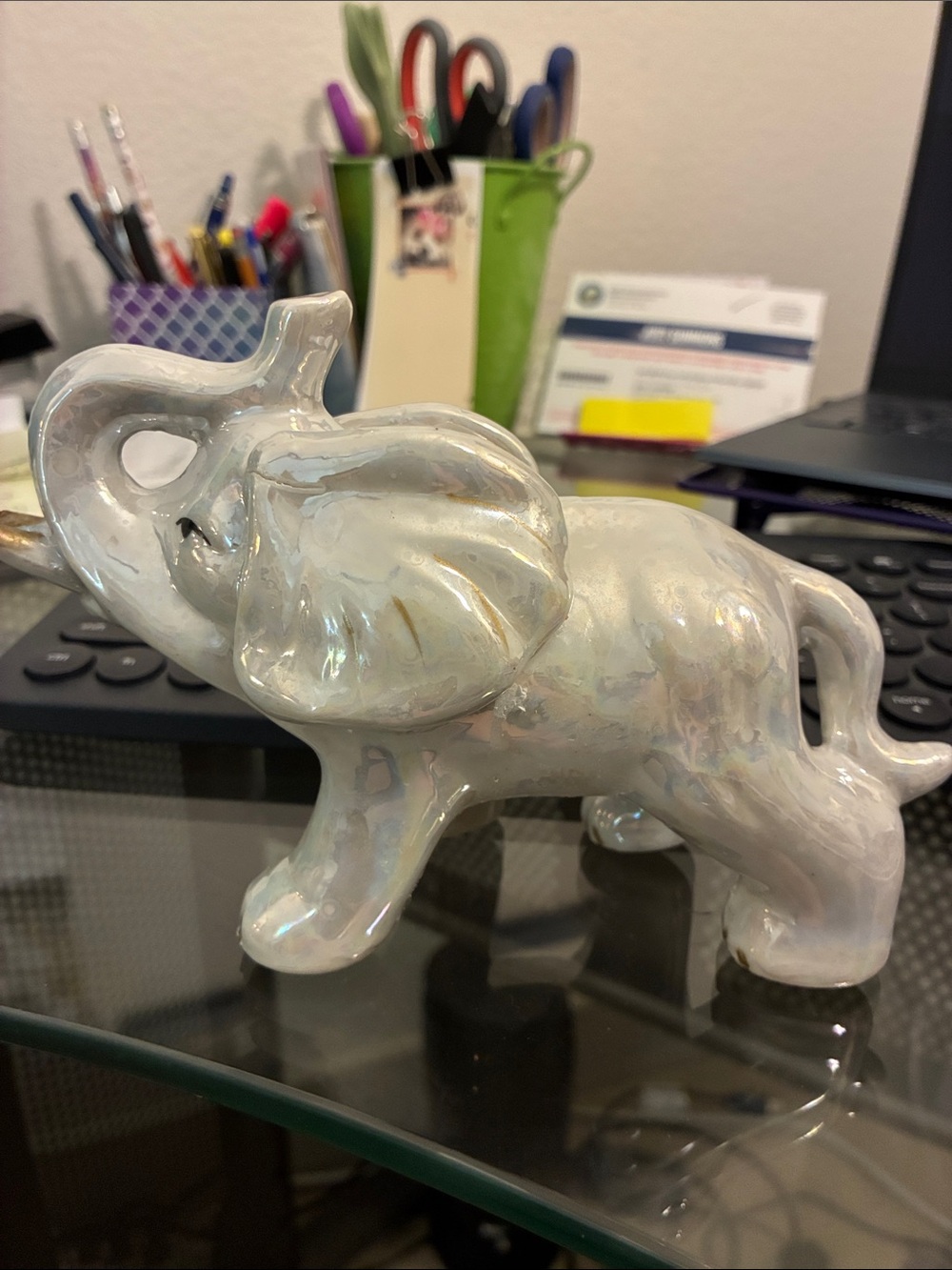 Iridescent Silver Ceramic Elephant Figurine - Decorative Home Accent